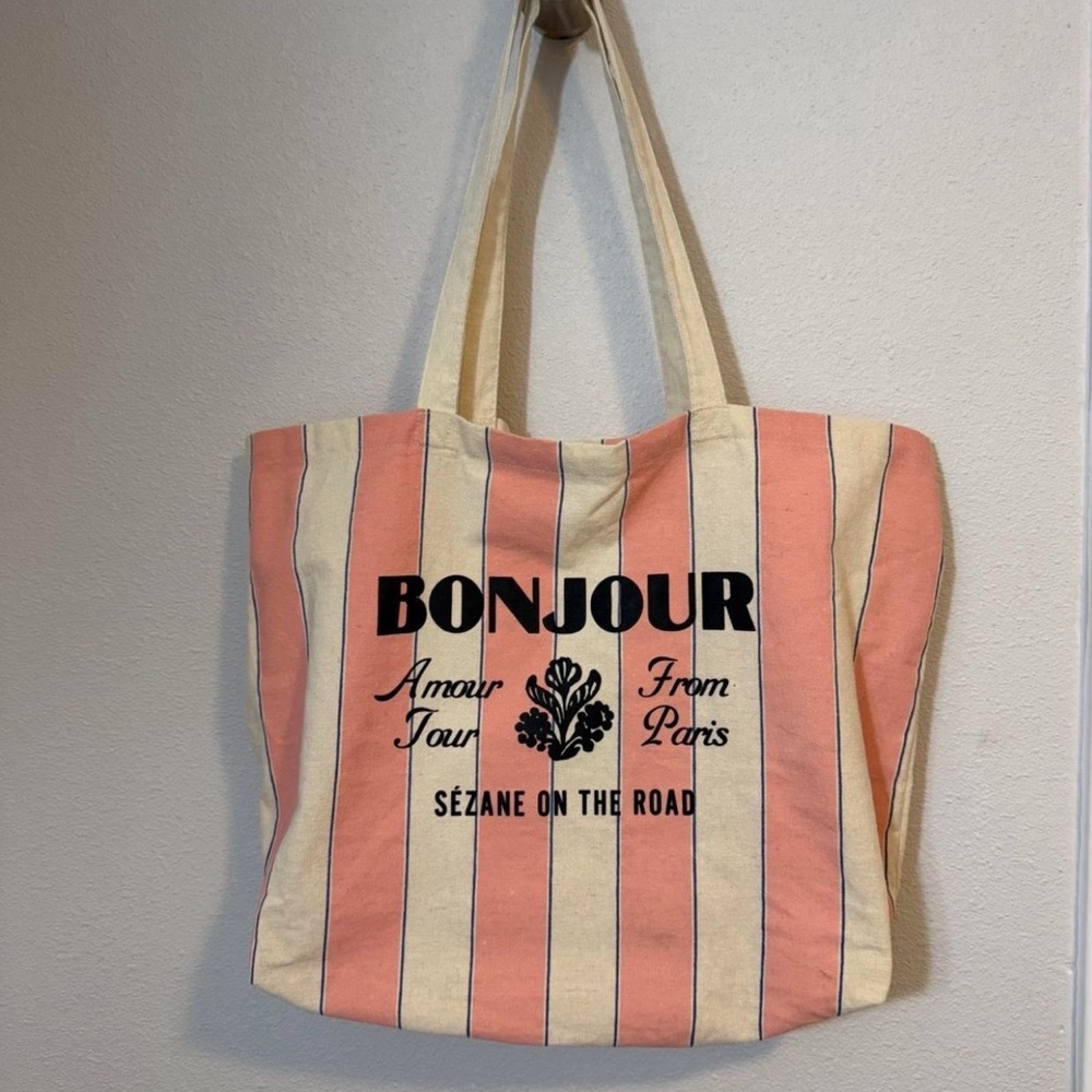 Sezane Pink and Cream Striped Tote Bag